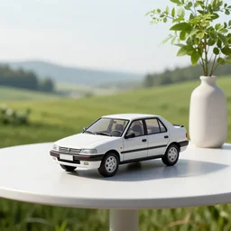 a small miniature of a Peugeot 309 Vital on a white table near a vase with a plant, 3d render, unreal engine 5, octane render, 4k, low contrast, path tracing, serene landscape, calm, relaxing, beautiful landscape, highly detailed, high quality, product photo, hyperrealistic, concept art, symmetrical