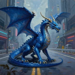 blue dragon on a road in a cyberpunk city. by Daniel F. Gerhartz, hyperrealistic oil painting, 4k, studio lightning