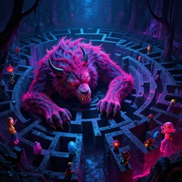mystical fierce sleeping beast in dark spooky labyrinth, extreme long shot, low angle, highly detailed, bright neon colors, synthwave, cinematic, rene laloux, bruce pennington, vladimir kush, chris foss, alfred kelsner, kubrick, roger dean, lisa frank, boris vallejo