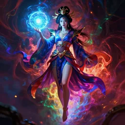 a powerful goddess woman floating with a glowing orb of blue power in her hand, trending on artstation, colourful, powerful, dark, mysterious, maximalist, full body shot, japanese, unreal engine 5