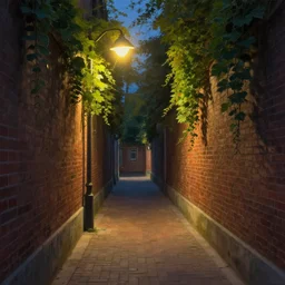 a narrow brick alleyway lit with a streetlight, covered in vines, digital painting, hyperrealistic