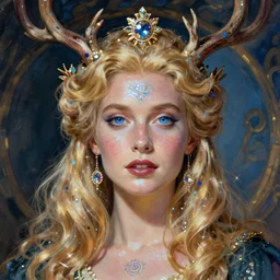 a detailed portrait of a blonde haired blue eyed queen of glitter with an antler crown by wayne barlowe and mucha