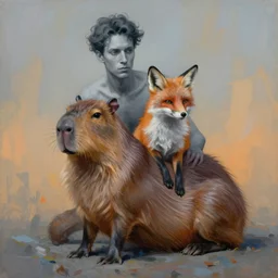 painting of hybrid between capybara & fox, intercrossed animal, by zdzislaw beksinski, by lewis jones, by mattias adolfsson, cold hue's, warm tone gradient background, concept art, beautiful composition, digital painting