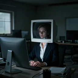 A businesswoman with a CRT monitor as a head, inside a dark abandoned office