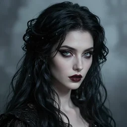 portrait of a exquisite beautiful vampire girl with long elegant tangles of black hair, beautiful piercing eyes, gothic fog ambience, hyper realistic head, fantasy victorian art, in the style of greg rutkowski, zdizslaw beksinski, intricate, alphonse mucha, hyper detailed, smooth