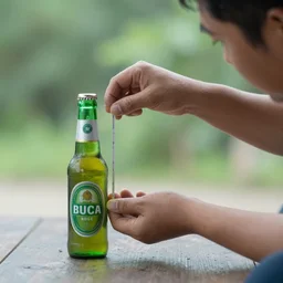 a man measuing the length of a small green beer bottle
