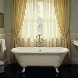 a painting of a romantic 1 9 6 0's bathroom, one antique white clawfoot bathtub, curtains, ebony wooden floor, back lightt, by wes anderson, jeremy lipking, ron hicks, joseph todorovitch