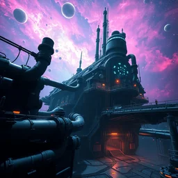 rich colors, high contrast dark hyperreal deep space dock mining platform with massive piping inspired by nuclear reactor core, submarine, star citizen, oblivion, the expanse, mandelbulb 3 d, high tech industrial, dramatic nebula sky, volumetric lighting