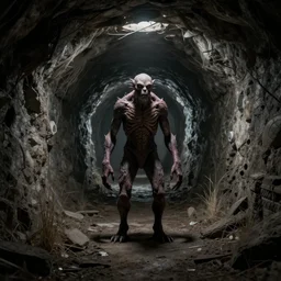 a realistic horrible creature standing at the end of an abandoned mine, long tunnel, dream like atmosphere by M.C. Escher ,