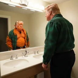 ultra wide angle photo of donald trump dressed in a green flannel shirt and black dress pants as clark kent looking at himself in a bathroom mirror and seeing his reflection dressed as an orange skinned oompa loompa