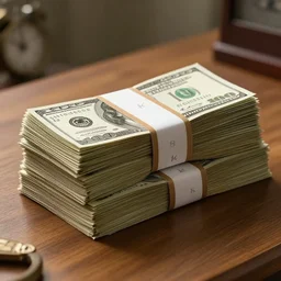 a large stack of $ 1 0 0 bills with a money band around it sitting on a wooden table, 8 k, photorealistic, hyper realism, cinematic, movie still, octane render,