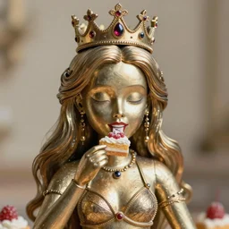 closeup face profile portrait of tin toy lena olin as a fairytale princess wearing a crown eating cakes, bikini, depth of field, zeiss lens, detailed, symmetrical, centered, fashion photoshoot, by nicoletta ceccoli, mark ryden, lostfish, breathtaking, 8 k resolution, extremely detailed, beautiful, establishing shot, artistic, hyperrealistic, octane render