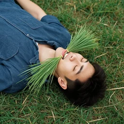 man laying on ground with a bundle of grass in his mouth