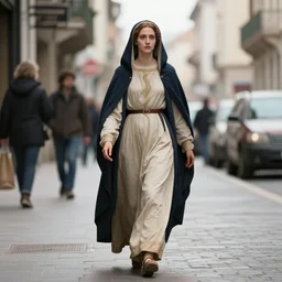 amazing photo of mary magdalene in real life, walking in a city street