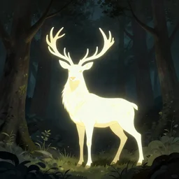 dsrk trees with a majestic deer glowing in the dark, spirit animal, white an yellow glow, stag in a dark forest, by stanley artgerm lau, wlop, rossdraws, james jean, andrei riabovitchev, marc simonetti, and sakimichan, trending on artstation