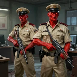 glowing red skin zombie security officers in vintage beige uniforms and caps holding submachine guns in a brutalist office setting trending on artstation digital painting 4 k sharp detail clear accurate high quality