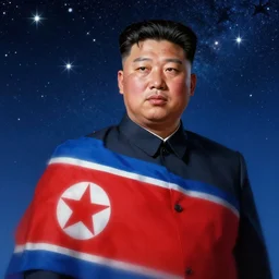 dprk, north korea propaganda, kim jong un, in the starry sky, star sparkles, sharp focus, d & d, epic retrowave art, masterpiece, trending on art station, fantasy, digital painting, highly detailed, 8 k realistic, dof, art by artgerm, greg rutkowski, sasoura, satchely, no distorsion