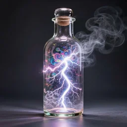a beautiful matte painting of a glass bottle full of fractal lightning and vapor