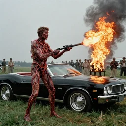 jfk body horror in the thing ( 1 9 8 2 ) directed by john carpenter, limb mutations, swollen veins, red flesh strings, black convertible classic car, grassy knoll, flamethrower, fire burning, cinestill 8 0 0 t, 1 9 8 0 s movie still, film grain