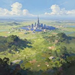 a stunning digital painting of a futuristic landscape. there is a small city that is powered by solar in the distance
