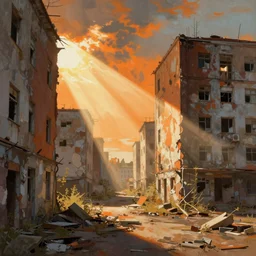 an abandoned city with annoying orange in it, sun light rays, wadim kashin, stephan martiniere,