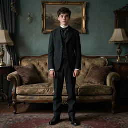 detailed cinematic moody colors studio portrait of a victorian short teen with dark short hair in a victorian living room, high quality by jeremy mann, only one full body single portrait