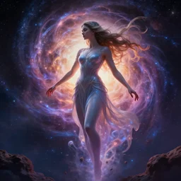 a goddess dissolving into a new universe, in the style of wlop, illustration, epic, fantasy, hyper detailed, smooth, unreal engine, sharp focus, ray tracing