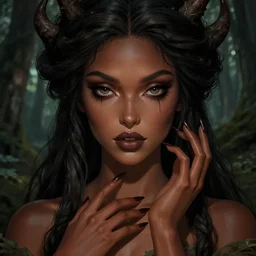 beautiful forest nymph brown skin, venizian era, demonic eyes, dark fantasy, extremely detailed, sharp focus, smooth, digital illustration, by rossdraws, frank franzzeta, sakimichan, corrected hand, perfect hands