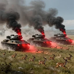 nature being invaded by huge smoking war machines which emit a red light as deer are running away, made by stanley artgerm lau, wlop, rossdraws, artstation, cgsociety, concept art, cgsociety, octane render, trending on artstation, artstationhd, artstationhq, unreal engine, 4 k, 8 k,