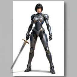 poster art of woman in full mecha body suit holding a sword, long straight hair, colourful, pretty face, symmetrical face, glowing eyes, anime style by rossdraws, artgerm and greg rutkowski, 4 k, graphic design, adobe illustrator, behance, trending on pixiv