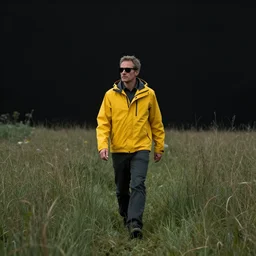 a man wearing sunglasses walking through a grassy field wearing a yellow jacket, by weta digital, by weta fx, cinematic, wide angle, tones of black in background