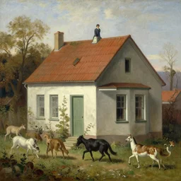anamorphic animals passing a house, hd, lowbrow, in the style of alexander jansson and ivan aivazovsky,