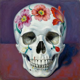 a beautiful painting chinese porcelain inserts skull flowers, by andy warhol henri matisse realistic oil painting