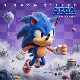 claymation muppet portrait of sonic hedgehog and a matte painting landscape of a surreal, sharp, foggy, detailed professional, soft pastels, high quality airbrush art album cover of a liquid dissolving airbrush art lsd dmt sonic the hedgehog swimming through cyberspace, purple checkerboard background, 1 9 9 0 s 1 9 9 2 sega genesis rareware video game album cover