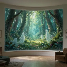 an indoor room intersecting with a forest, whimsical fantasy landscape art, sharp focus. trending on artstation. ghostly characters. beautiful lighting