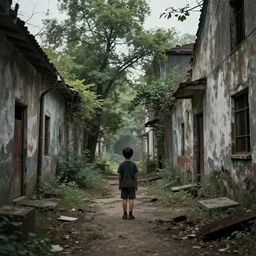 abandoned apocalyptic old alley with a kid at the centre, trees background, epic green sunlight, perfect lightning, illustration by niko delort,