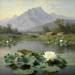 alpine pond with water lilies, a single blooming gigantic lotus flower, and simple flat roof shacks in the background, under hazy towering mountains. landscape painting by Albert Bierstadt and Frederic Edwin Church. Hudson river school monumental landscape painting, view from above, wikimedia commons full resolution