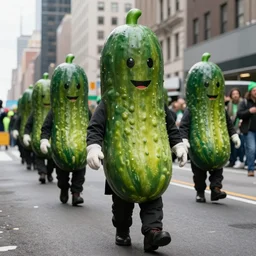 a parade of stuffed pickle ricks marching down 5 th ave manhattan on st. patrick's day, 8 k, photo realistic, extremely life like