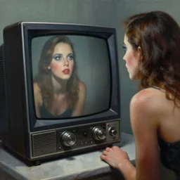 a photorealistic highly detailed painting of a vintage 1 9 5 0's crt monitor looking at his reflection in a bathroom by johfra bosschart, lisa frank, kinkade, visionary art, dark fantasy art, high detail, trending on artstation