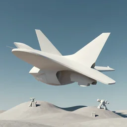 photo of flying minimalist abstract cubist sculpture of curved hills with random mecha mayan decorations, covered with few large curved white airplane parts