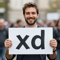 photograph of smiling man holding a protest sign saying'xd ', high detail, 8 k resolution