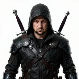 Detailed portrait of Volodymyr Zelensky close to reality in 2022, in game style 8k in a detailed costume of an assassin from the computer game assassin, with a saber in which the face of Vladimir Putin is reflected on a white background,