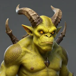 a yellow - eyed orc with several horns etched with geometric maze paint, fantasy, trending on artstation