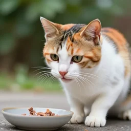 Rainbow cat asking for food, ultra realistic, 8K