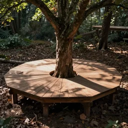 wooden platform built around a tree, realistic, photo,