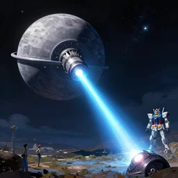 GIANT ORBITAL DEATH CANNON, DEATH STAR, Low orbital laser cannon shooting a neon beam down on the landscape, neon laser cannon, cinematic, rendered by Beeple, Makoto Shinkai, syd meade, simon stålenhag, star wars, inspired by Gundam, environment concept, digital art, unreal engine, 3 point perspective, WLOP, trending on artstation, low level, 4K UHD image, octane render,