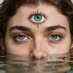 greek god, three eyed, third eye in middle of forehead, wide shot, dry, in water, colors, eye in forehead, pins, very detailed, wet eyes reflecting into eyes reflecting into  infinity, beautiful lighting