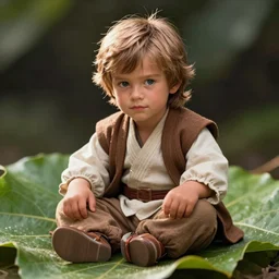Real live tiny Qui-Gon Jinn, human male, accurate proportions, sitting on a leaf, macro photography