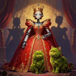 On the morning of the robot queen's coronation, shadows of the past, The Mekanik Doll, chubby moss kitten, by jeff easley and Dylan Kowalski, highly detailed, digital painting, HDRI, by vivid colors, high contrast, 8k resolution, intricate, beautiful and thematically complex, smooth