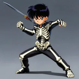 A boy with a skeleton suit by Rumiko Takahashi,trending on ArtStation, fighting pose, realistic, detailed